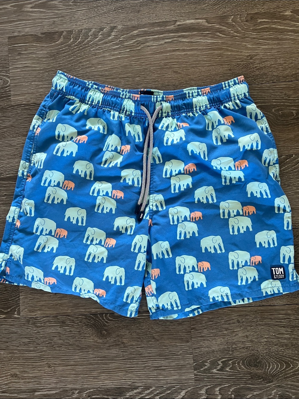 Tom & Teddy Blue Swim Shorts with Light Blue and Coral Elephant Print